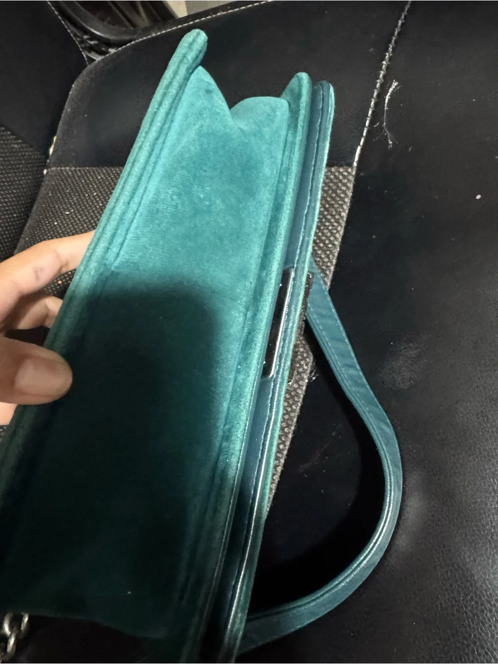 CHANEL Teal Tweed & Velvet Chain Crossbody Bag